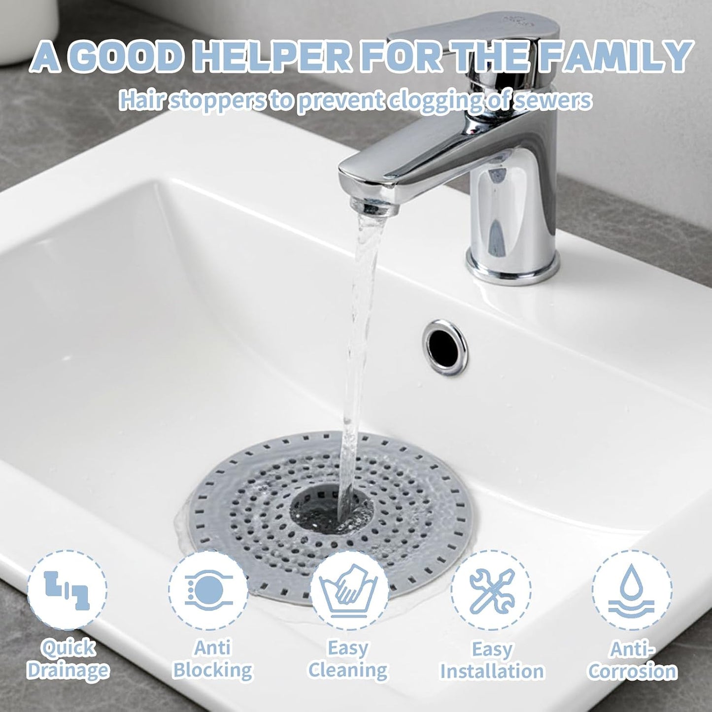 2 Pack Silicone Shower Drain Hair Catcher, Hair Stopper Drain Cover, Sink Strainer Filter, Anti-Clog Hair Catcher for Bathroom Bathtub Kitchen, Grey, Easy to Install &amp; Clean
