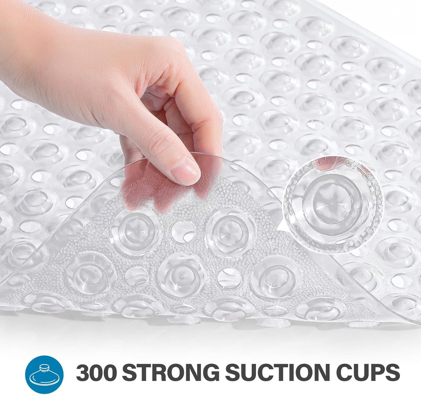 Smiry Non Slip Bath Mat, 100x40cm Extra Long Soft Bathtub Mat with 300 Strong Suction Cups &amp; Drain Holes, Machine Washable Skin-Safe Bathroom Shower Mat, Clear