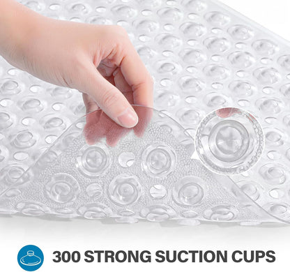Smiry Non Slip Bath Mat, 100x40cm Extra Long Soft Bathtub Mat with 300 Strong Suction Cups &amp; Drain Holes, Machine Washable Skin-Safe Bathroom Shower Mat, Clear