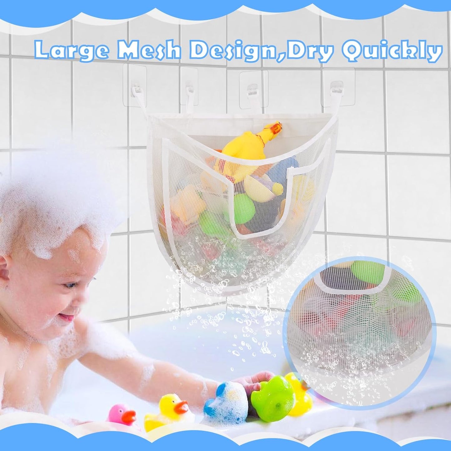 Bath Storage, Large Capacity Holder With Bottom Zipper, Quick Release Bathtub Organizer With Large Pocket, Corner Mesh Basket Bin for Bathroom Toys - White