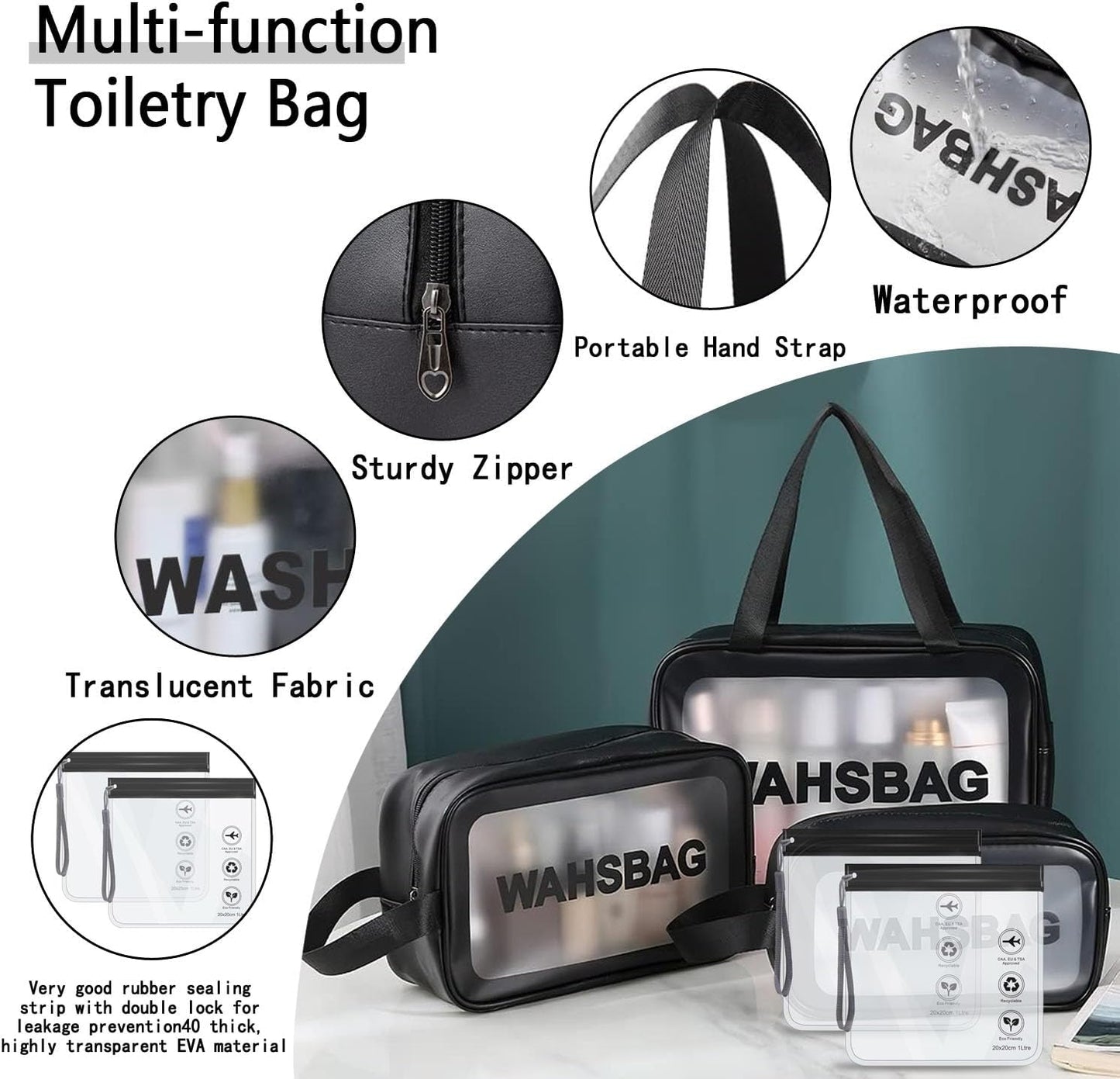 WUBAYI 5Pcs Clear Toiletry Bag, Waterproof PU Makeup Bag with Zipper Handle, Portable Airport Cosmetic Bag for Women &amp; Men, Travel Accessories Wash Bag for Travelling &amp; Holiday (Black)