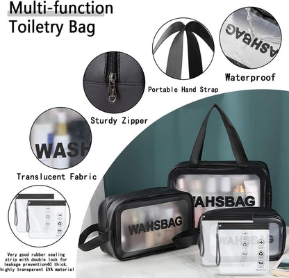 WUBAYI 5Pcs Clear Toiletry Bag, Waterproof PU Makeup Bag with Zipper Handle, Portable Airport Cosmetic Bag for Women &amp; Men, Travel Accessories Wash Bag for Travelling &amp; Holiday (Black)