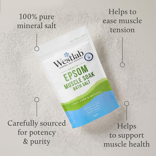 Westlab Epsom Salts 1kg - Soothe and Relax Muscles to Improve MSK Health &amp; Comfort by Reducing Stiffness and Aching. Sports Recovery - Improved Performance.