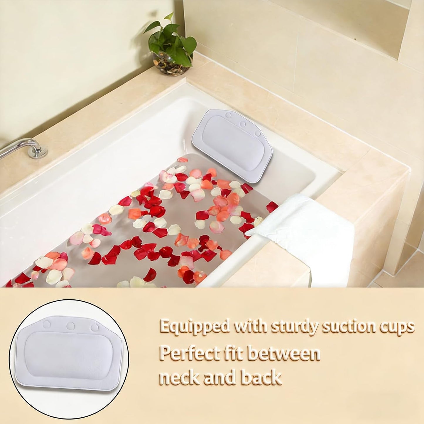 Bath Pillow With 3 Strong Suction Cups, Soft Waterproof Bathroom Pillow for Tub, Relaxing Bathtub Pillow for Neck and Back Support Modern Minimalist Design Durable Bath Accessories