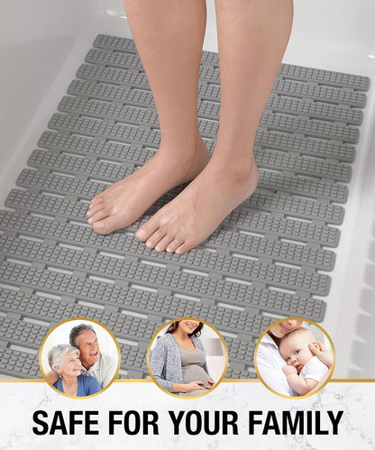 HITSLAM Bath Mat Non Slip Anti Mould, 68x38CM Shower Mats for Inside Shower, Quick Drain TPE Bathtub Mat with Suction Cups, Bathroom Accessories, Durable &amp; Comfortable, Grey