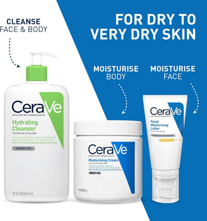 CeraVe Moisturising Cream for Dry to Very Dry Skin With 3 Essential Ceramides, Hyaluronic Acid, Face &amp; Body Cream, Fast Absorbing, Dermatologist Developed, 562ml