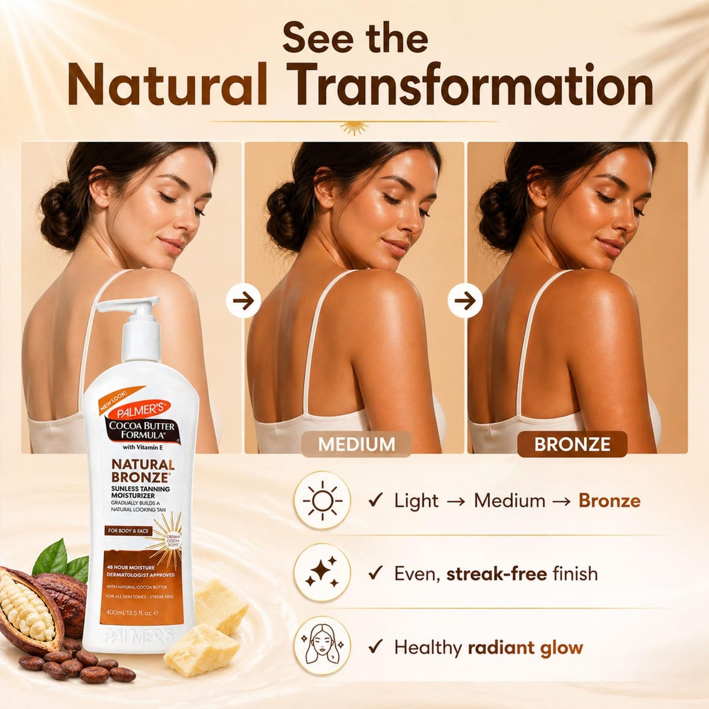 Palmer’s Cocoa Butter Natural Bronze Gradual Tanning Moisturiser 400ml with Vitamin E – Self Tan Lotion for Face &amp; Body, Hydrating, Streak-Free, Long Lasting Glow