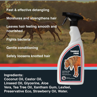 Tangle Free 750ml Mane &amp; Tail Detangler Spray for Horses – Silicone-Free Natural Conditioning Spray – Removes Knots, Moisturises &amp; Strengthens Hair – Supports Healthy Mane &amp; Tail Condition