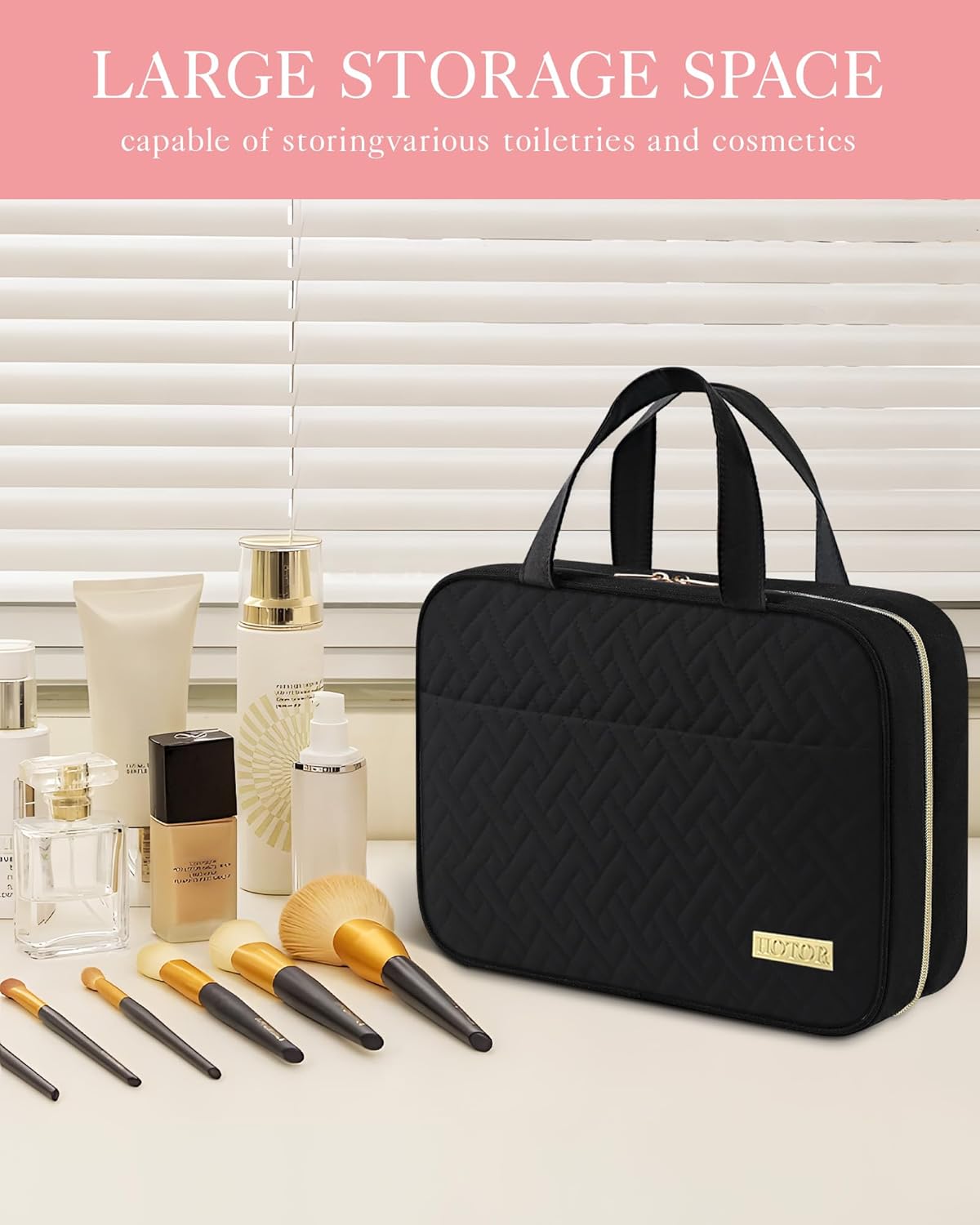 HOTOR Travel Toiletry Bag - Toiletry Bags for Women with Hanging Hook - Spacious Travel Bags for Women/Big Comparment, Makeup Bag Waterproof Travel Essentials, Black, 28.4 x 22.6 x 8.1 cm