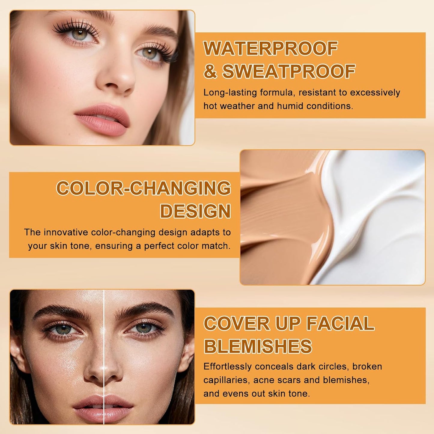 Faccelove Foundation Stick with Brush, Colour Changing Foundation Stick with SPF 15, Automatic Colour Adjustment, 2-in-1 Makeup Stick for Natural Rays, Long Lasting for All Skin Types