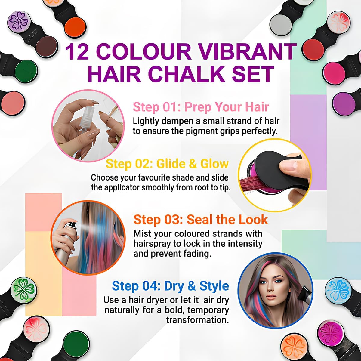 12 Colours Hair Chalk for Girls, Temporary Hair Dye for Kids, Washable Hair Colour Set with Glitter, Perfect Teenage Girls Gifts for Birthday Party Christmas Cosplay &amp; Festivals