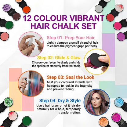 12 Colours Hair Chalk for Girls, Temporary Hair Dye for Kids, Washable Hair Colour Set with Glitter, Perfect Teenage Girls Gifts for Birthday Party Christmas Cosplay &amp; Festivals