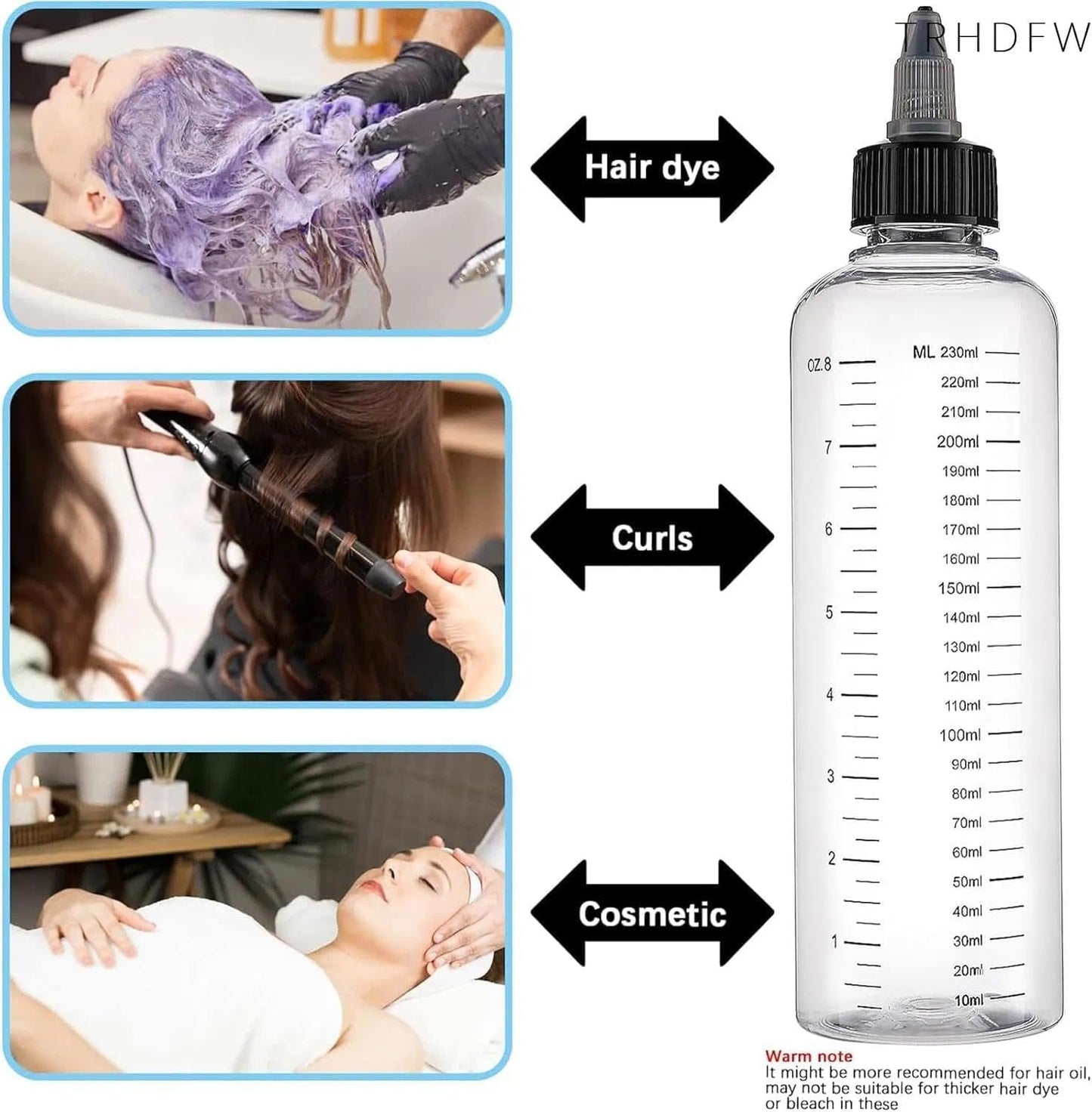 2-pack Hair Dye Bottle, 8.5oz Capacity, Screw Cap, Plastic, Graduated Measuring Cup