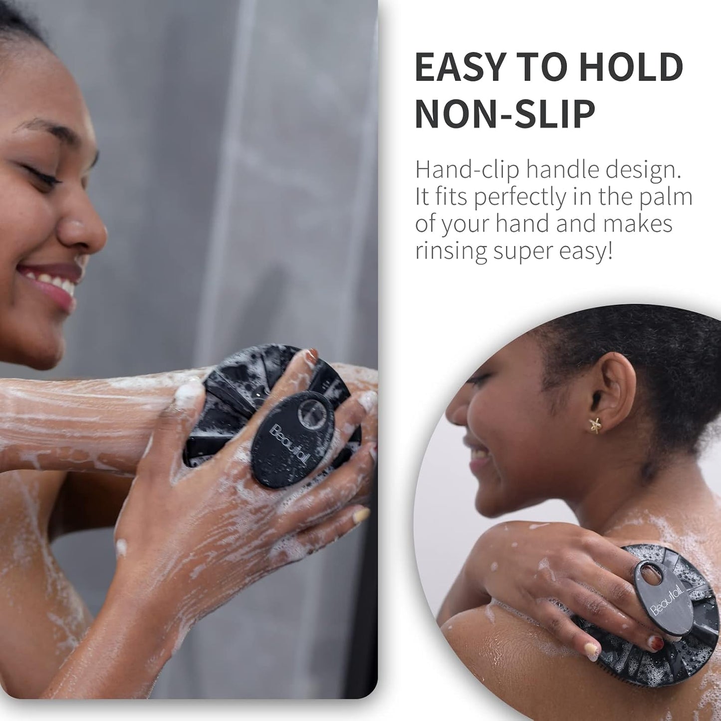 BEAUTAIL Silicone Body Scrubber, Gentle Exfoliating Shower Brush for Body | Hygienic Silicone Loofah, Easy-Grip Handle, Soft Bath Essential for Sensitive Skin, Women, Men &amp; Kids, 1 Pack, Black