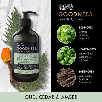 Baylis &amp; Harding Goodness Oud, Cedar &amp; Amber Natural Hand Wash, 500 ml (Pack of 3) - Vegan Friendly