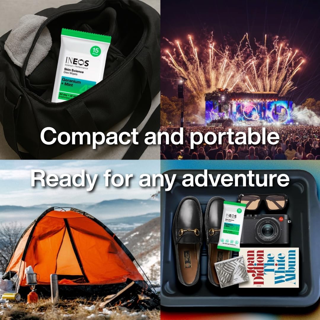 INEOS Skin Science Deo Wipes - 15 wipes - All Day + All Night Freshness + Protection - Geranium + Mint - On-the-go Freshness - With SkinActiv Cooling Tech™ - Plant Powered