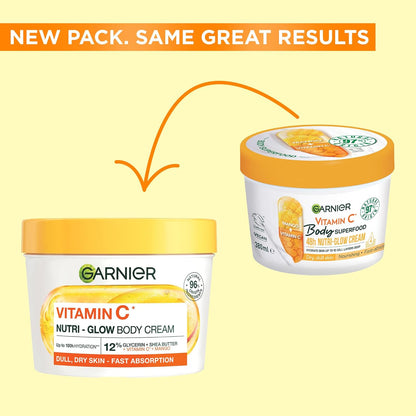 Garnier Vitamin C* Nutri – Glow Body Cream, for Dry &amp; Dull Skin, Fast absorbing, Vegan Formula, Instant Skin Hydration, Approved by Cruelty Free International, 380ml
