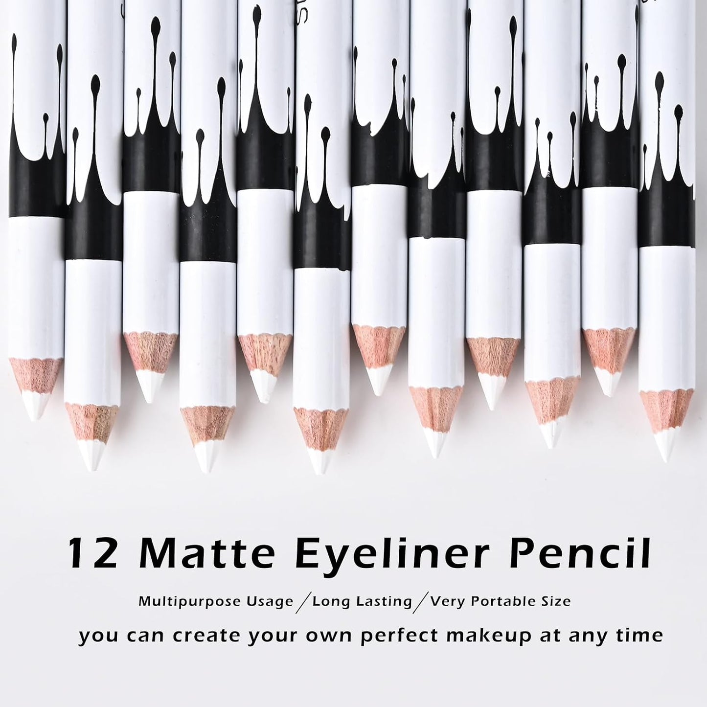 FREEORR 12 Packs Professional Highlighter Eye Liner Pen, White Eyeliner Pencil, Waterproof Long Lasting Eye Brighten