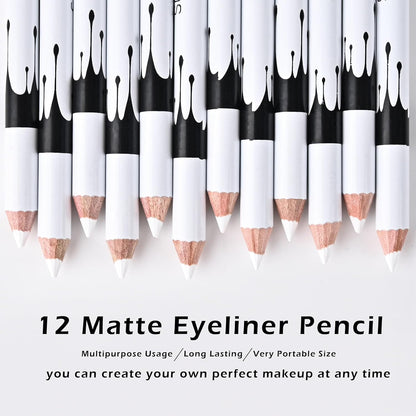 FREEORR 12 Packs Professional Highlighter Eye Liner Pen, White Eyeliner Pencil, Waterproof Long Lasting Eye Brighten