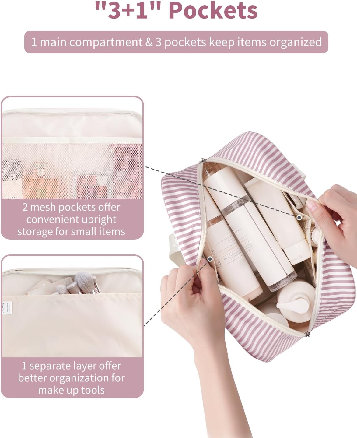 Narwey Toiletry Bag, Large Toiletry Bags for Women, Full Size Wash Bag Women, Large Makeup Bag Portable Toiletries Bag for Travel, Make up Cosmetic Organizer for Essentials (Dusty Rose Stripe)