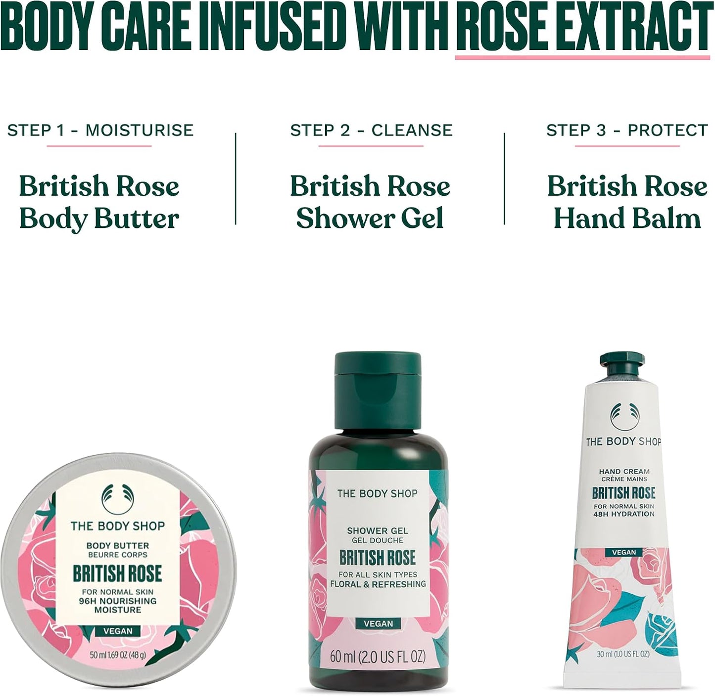 The Body Shop British Rose Mini Gift Set, Shower Gel 60ml, Body Butter 50ml, Hand Cream 30ml, Floral Body Care Trio, Cleansing, 96hr Moisture, Softening Glow, Vegan Skincare Gift