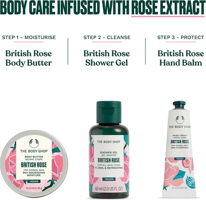 The Body Shop British Rose Mini Gift Set, Shower Gel 60ml, Body Butter 50ml, Hand Cream 30ml, Floral Body Care Trio, Cleansing, 96hr Moisture, Softening Glow, Vegan Skincare Gift