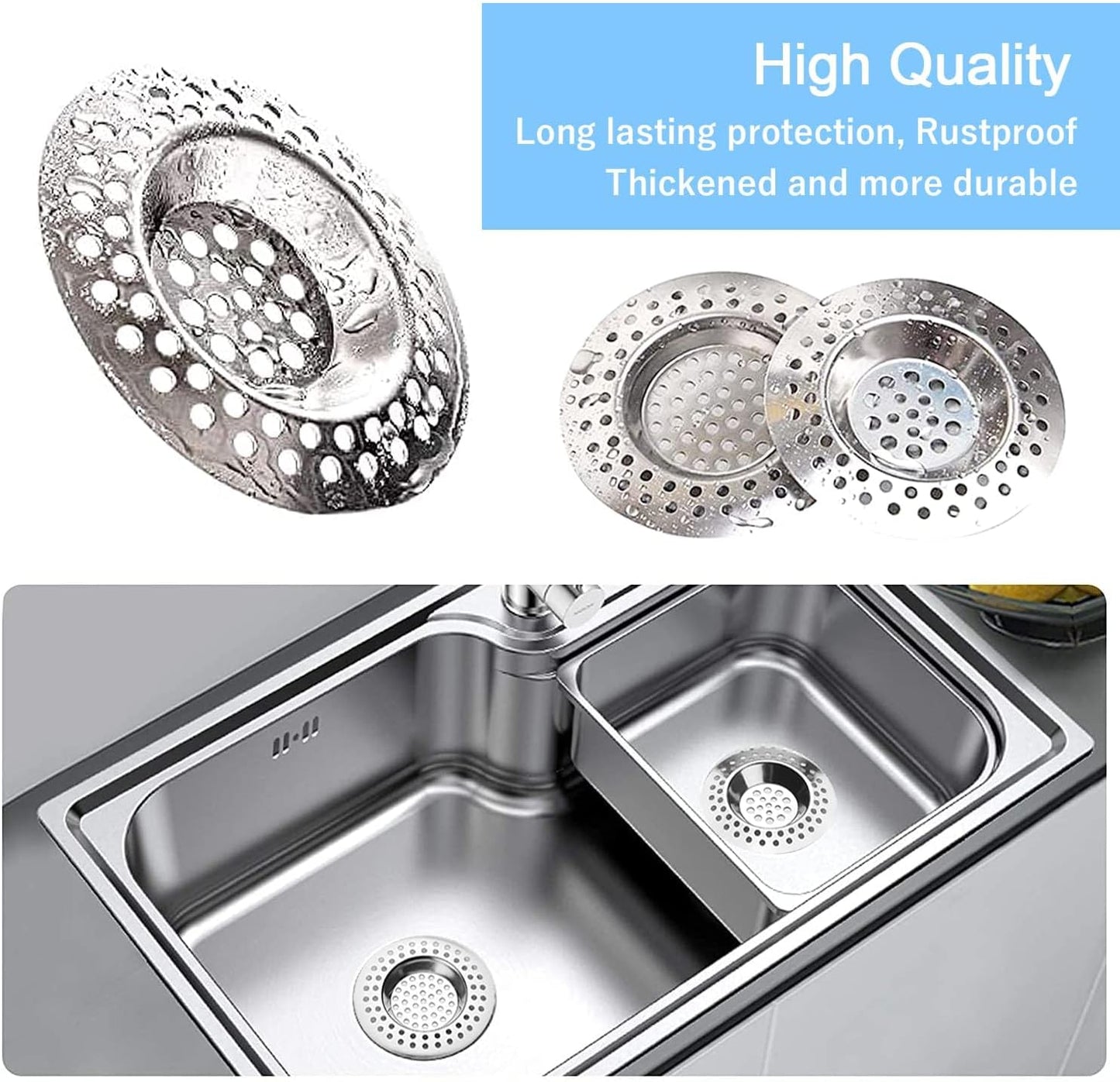 Tomario Stainless Steel Kitchen Sink Strainer Plug, Standard Strainer Drain Protector Hair/Food Catcher for Bathroom, Kitchen, Shower (External Diameter 7cm, Inner Diameter 3.3cm, Pack of 2)