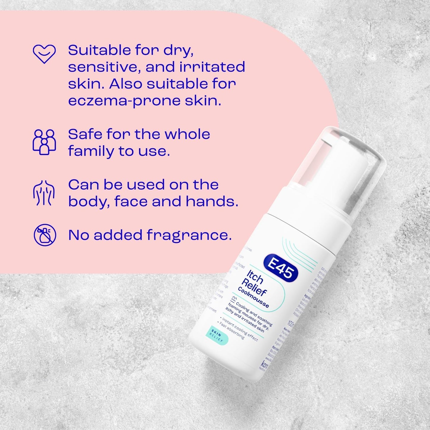 E45 Itch Relief Coolmousse 100ml – Face and Body Foam for Dry Skin, Itchy Skin and Irritated Skin - Cooling Foam to Soothe Itchy Skin