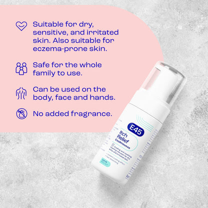 E45 Itch Relief Coolmousse 100ml – Face and Body Foam for Dry Skin, Itchy Skin and Irritated Skin - Cooling Foam to Soothe Itchy Skin