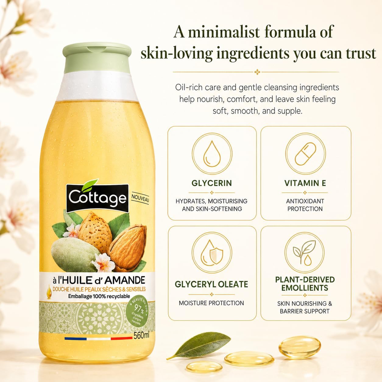 Cottage Almond Shower Oil - 560ml | 97% Natural Ingredients &amp; Glycerin | Paraben-Free, Dermatologically Tested | Extra-Nourishing &amp; Moisturising Cleansing Oil Body Wash for Dry &amp; Sensitive Skin