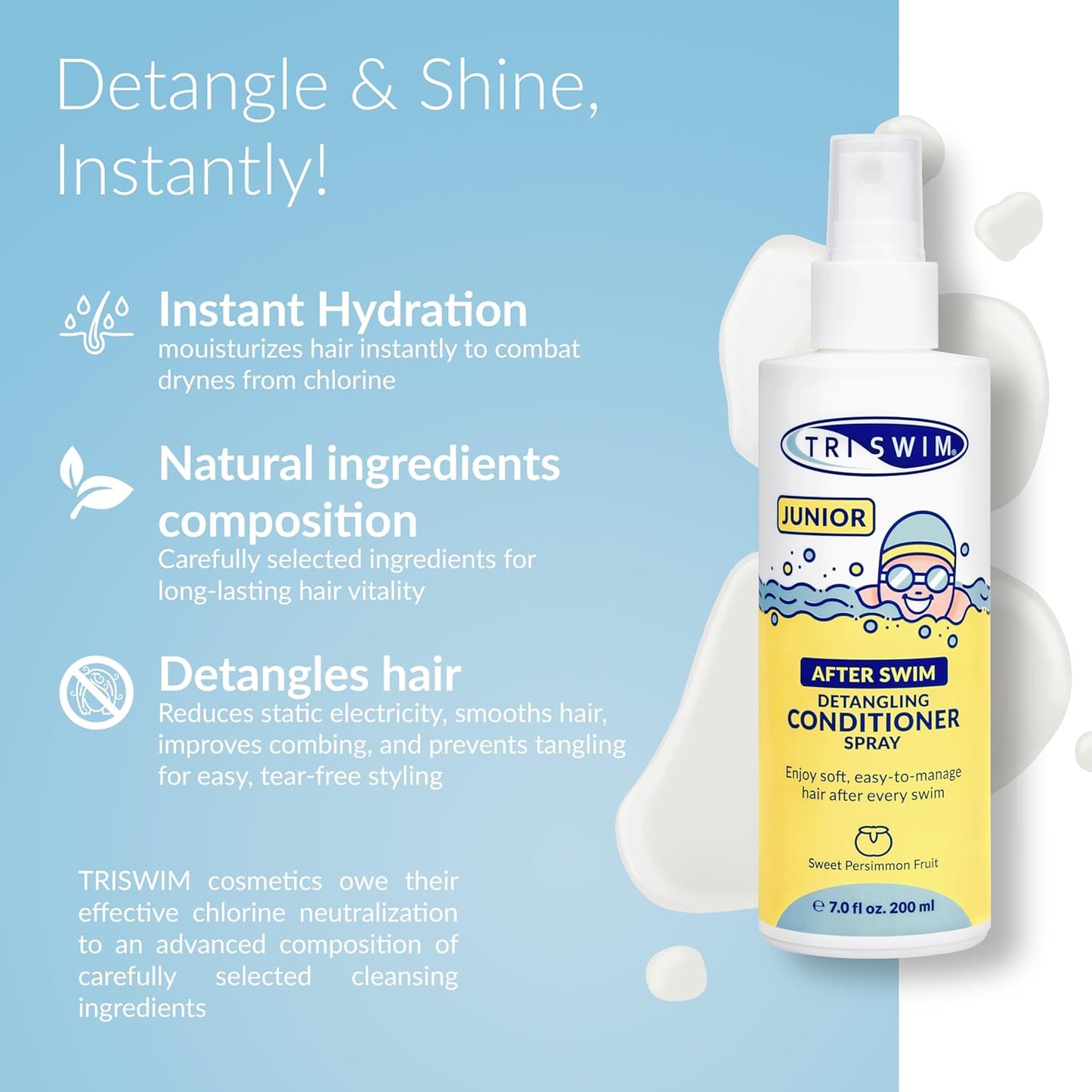 TRISWIM Junior After Swim Detangling Conditioner Spray for Kids | Protects &amp; Repairs Hair Damaged by Chlorine, Pool Chemicals &amp; Saltwater | Post Swimming Hair Detangler | Sweet Persimmon Fruit, 200 ml