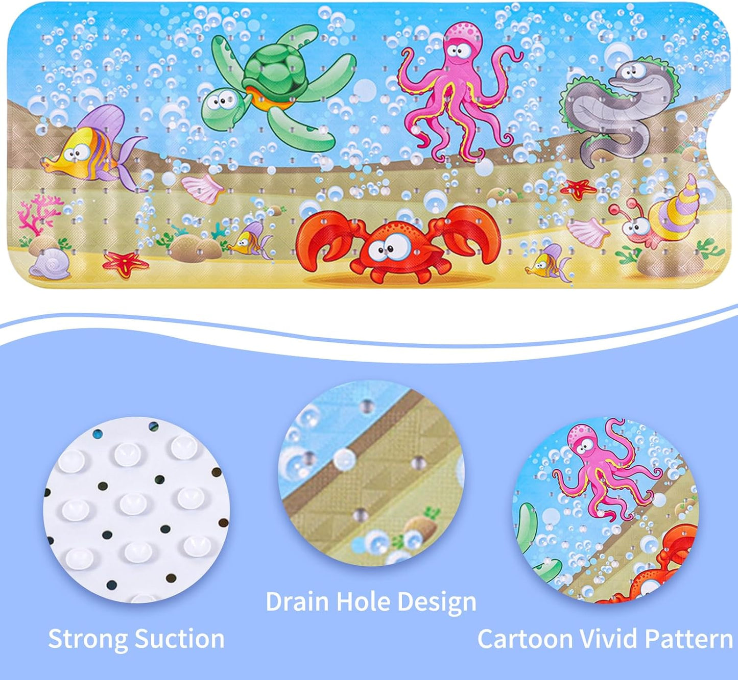 Baby Bath Mats Non Slip Anti Mould 100x40cm Bathtub Mats Extra Long Bath Shower Tub Mat with Suction Cup and Drain Holes,Sea Turtle Cartoon Kids Bath Mat,Machine Washable,for Bathroom Floor