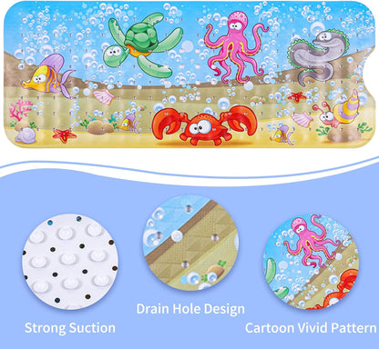 Baby Bath Mats Non Slip Anti Mould 100x40cm Bathtub Mats Extra Long Bath Shower Tub Mat with Suction Cup and Drain Holes,Sea Turtle Cartoon Kids Bath Mat,Machine Washable,for Bathroom Floor
