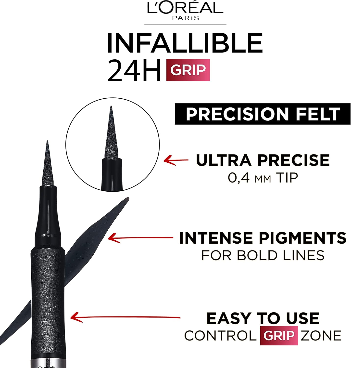 L'Oréal Paris Infallible Precision Felt Eyeliner with 0.4mm Ultra-Fine Tip for Intense Colour Pay-Off, 27H Longwear Waterproof and Rub-Proof Formula, Eyeliner Black