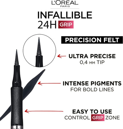 L'Oréal Paris Infallible Precision Felt Eyeliner with 0.4mm Ultra-Fine Tip for Intense Colour Pay-Off, 27H Longwear Waterproof and Rub-Proof Formula, Eyeliner Black