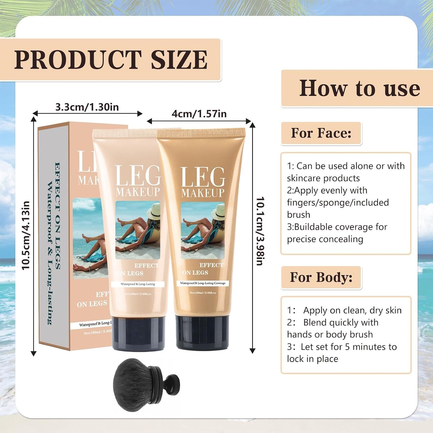 2pcs Body Coverage Perfector, Waterproof Leg Makeup, Tattoo Cover Up Cream All Over Complexion Perfect With Large Round Brush 48H Long Lasting Wear for Women（Light and neutral colors）