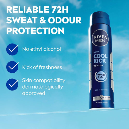 NIVEA MEN Cool Kick Spray Anti-Perspirant (250ml), Deodorant Spray for 72H Protection, Men's Sweat Block Aerosol with Cool-Care Formula, Prevents Odour and Sweat