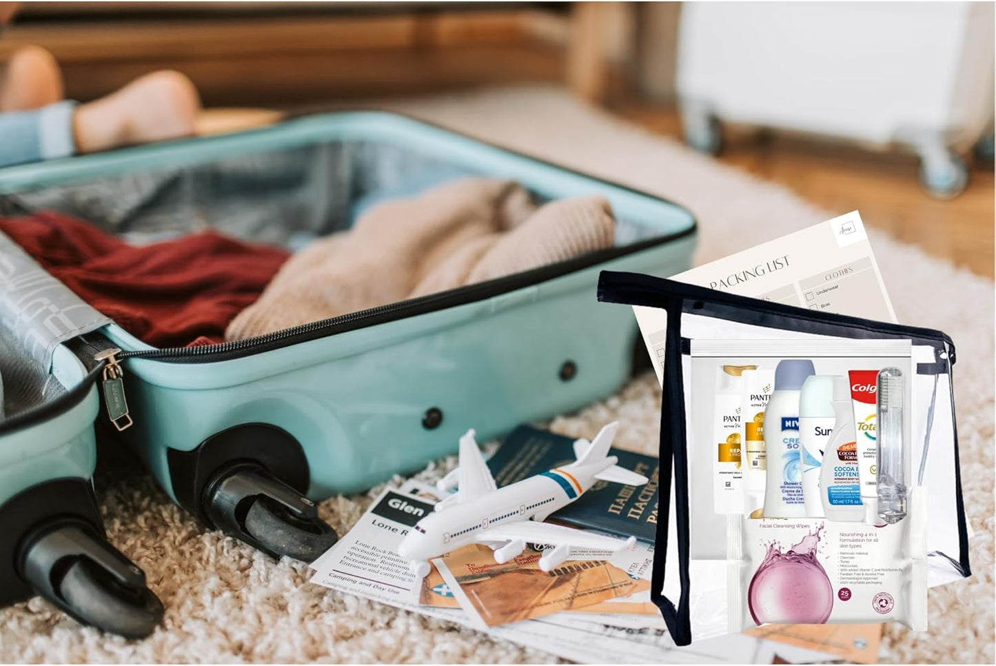 Women’s Mini Travel Toiletries Set – Travel Size Toiletries Under 100ml, Airport Security Approved Essentials with Clear Travel Bag for Holiday, Hospital, Maternity, Camping