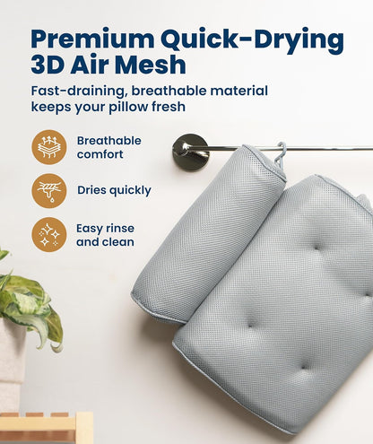 Everlasting Comfort Bath Pillow – Bath Cushion for Head and Neck Support – Quick Dry Waterproof Mesh – Luxury Bath Accessories with Suction Cups – Bath Pillows for Head and Neck – Grey