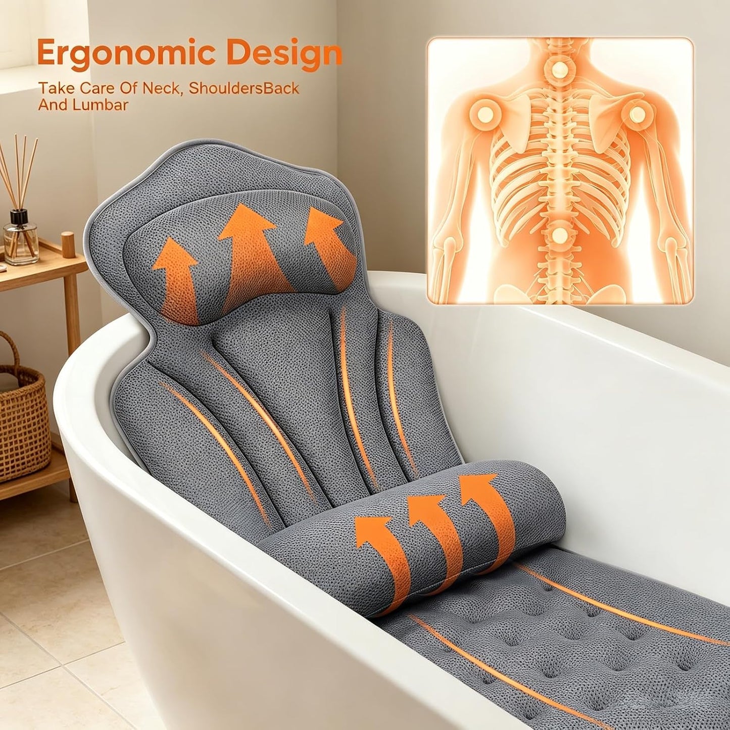 Bath Pillow with Extra Lumbar Cushion – 144 Suction Cups (12x More Hold!) 4D Soft Bath Pillows for Head and Neck, Large 133 x 41 cm Bath Cushion for Bathtub, Includes Wash Bag