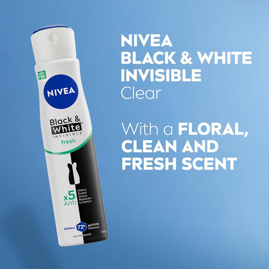 NIVEA Black &amp; White Fresh Anti-Perspirant Spray (250ml), 72hr Anti-Sweat Women's Deodorant Spray, No Stains on Black and White Clothes