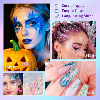 Sularpek 3 Pcs Face Glitter, 50ml Hair Glitter Gel, Sequins Shimmer Liquid Eyeshadow, Mermaid Sequins Festival Glitter for Face Body Eye Hair Festival Party Makeup Decoration