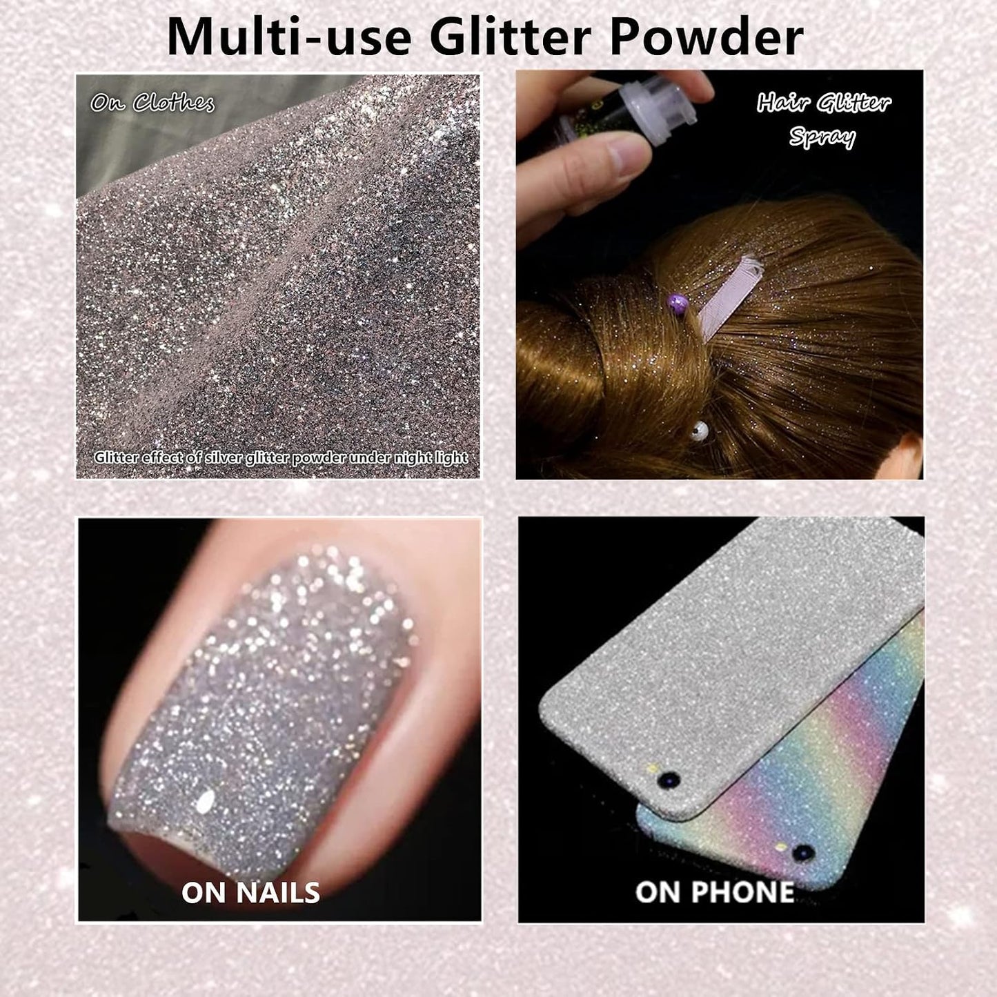 Go Ho Hair and Body Glitter Spray,Festival Glitter Powder Makeup for Hair/Body/Clothes,Glitter Spray for Silver Christmas Decorations,Silver Loose Sparkle Powder Glitter,10g