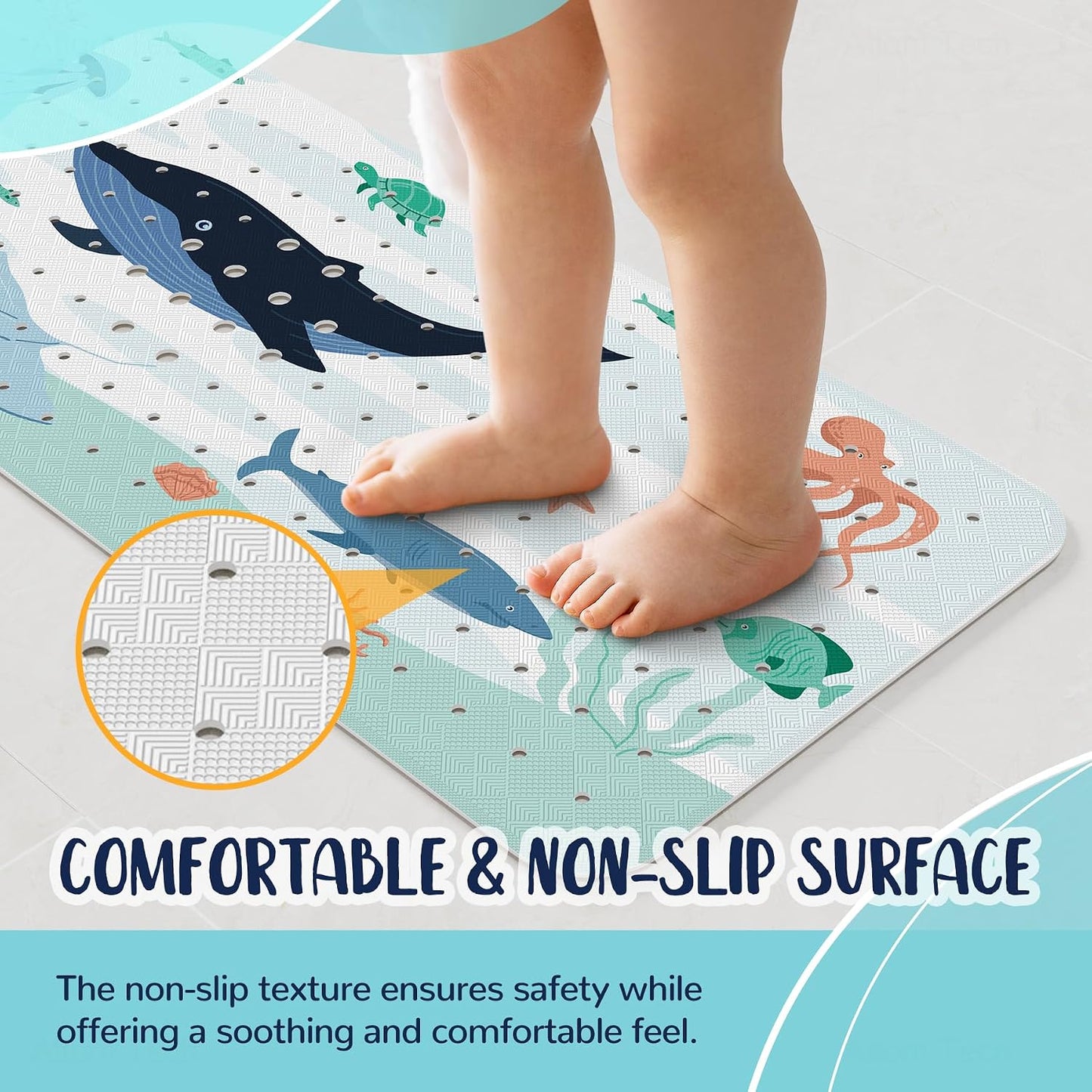 NiBaby Non-Slip Baby Bath Mat with Powerful Suction Cups, 102x41cm Large Size Quick Drain for Children &amp; Elderly Safety in Showers and Tubs, Machine Washable Durable PVC Comfortable &amp; Safe (Whale)