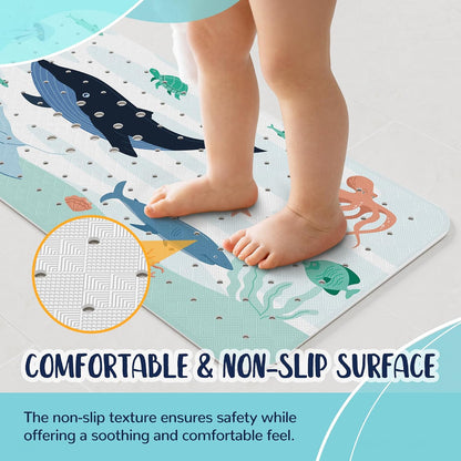 NiBaby Non-Slip Baby Bath Mat with Powerful Suction Cups, 102x41cm Large Size Quick Drain for Children &amp; Elderly Safety in Showers and Tubs, Machine Washable Durable PVC Comfortable &amp; Safe (Whale)