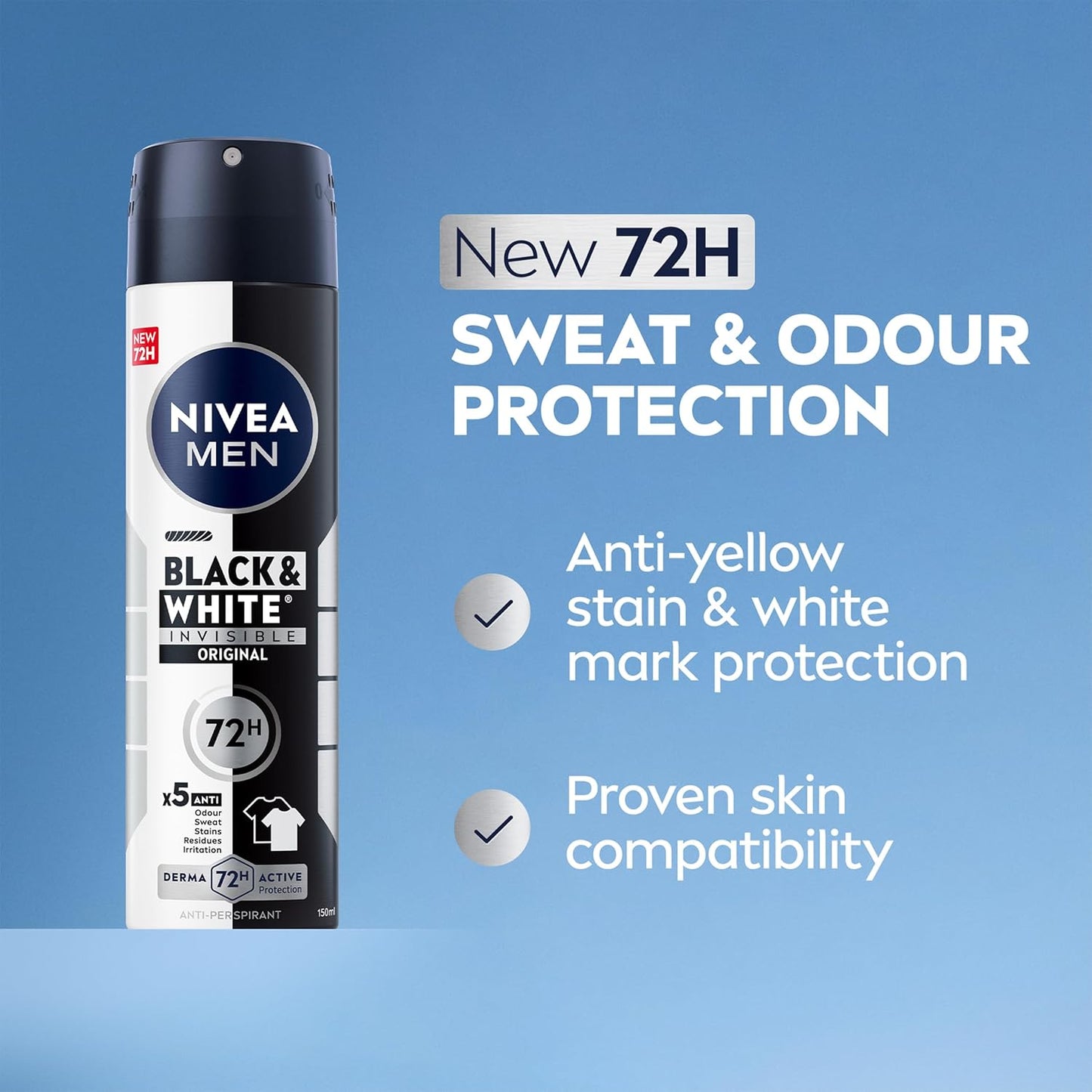 NIVEA MEN Black &amp; White Original Anti-Perspirant (150 ml), 72hr Anti-Sweat Deodorant for Men, No Stains on Black and White Clothes