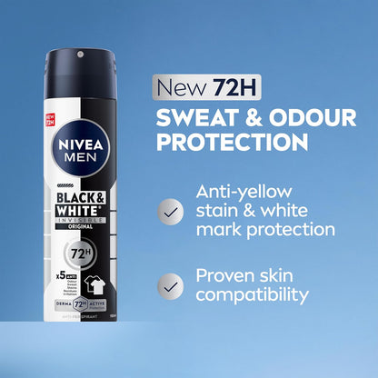 NIVEA MEN Black &amp; White Original Anti-Perspirant (150 ml), 72hr Anti-Sweat Deodorant for Men, No Stains on Black and White Clothes