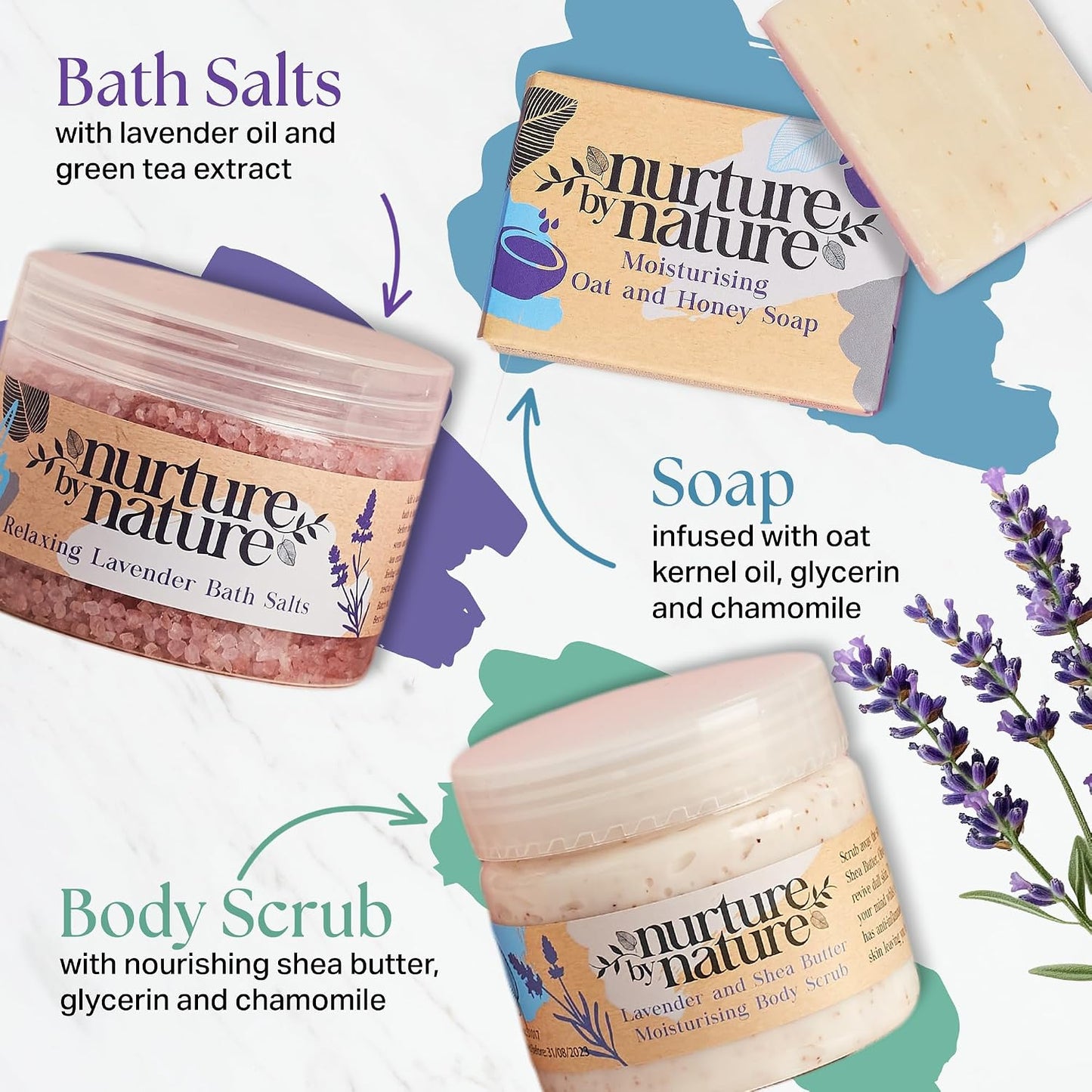 NURTURE BY NATURE Pamper Gifts for Women - 6 Pcs Relaxing Spa Gift Set with Lavender Pillow Spray, Bath Salts &amp; Bath Bomb - Valentines Gifts for Her, Mothers Day Mum Gifts, Birthday Gifts for Women