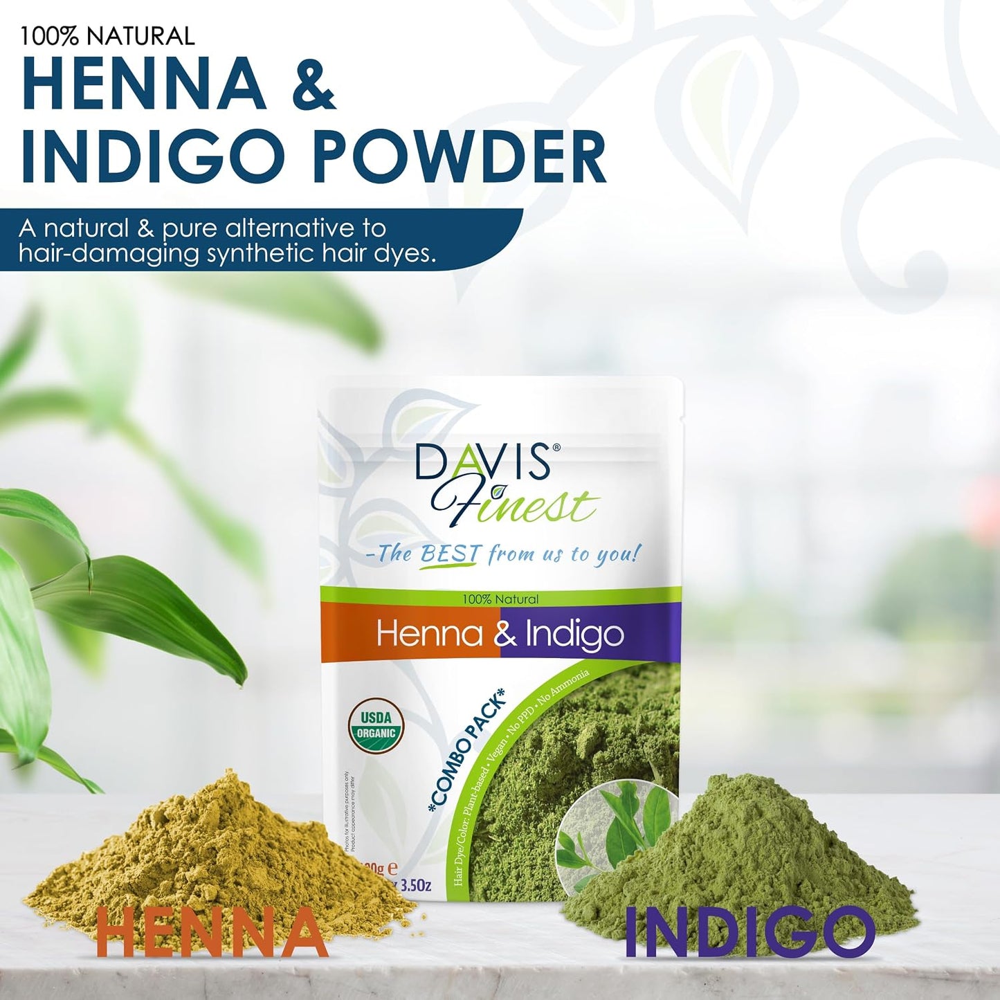 Davis Finest - Henna &amp; Indigo Powder - 200g Combo Pack (100g Each) - 100% Organic Hair &amp; Beard Dye - Natural Colouring for Men &amp; Women - Softening, Thickening &amp; Volumising - PPD-Free &amp; Vega