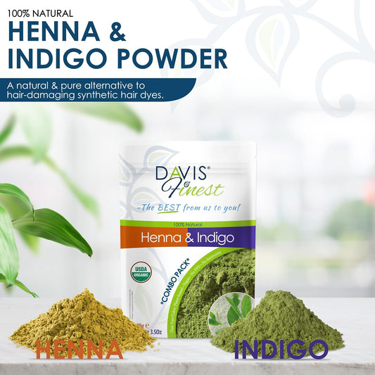 Davis Finest - Henna &amp; Indigo Powder - 200g Combo Pack (100g Each) - 100% Organic Hair &amp; Beard Dye - Natural Colouring for Men &amp; Women - Softening, Thickening &amp; Volumising - PPD-Free &amp; Vega